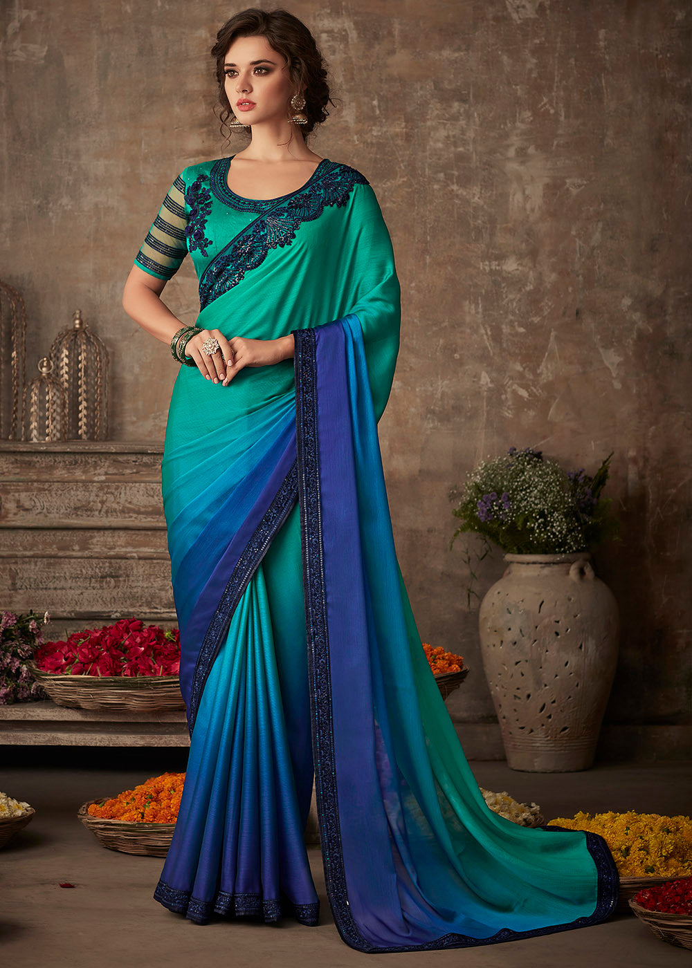 Shades Of Blue Designer Embroidered Silk Saree with Sequence work
