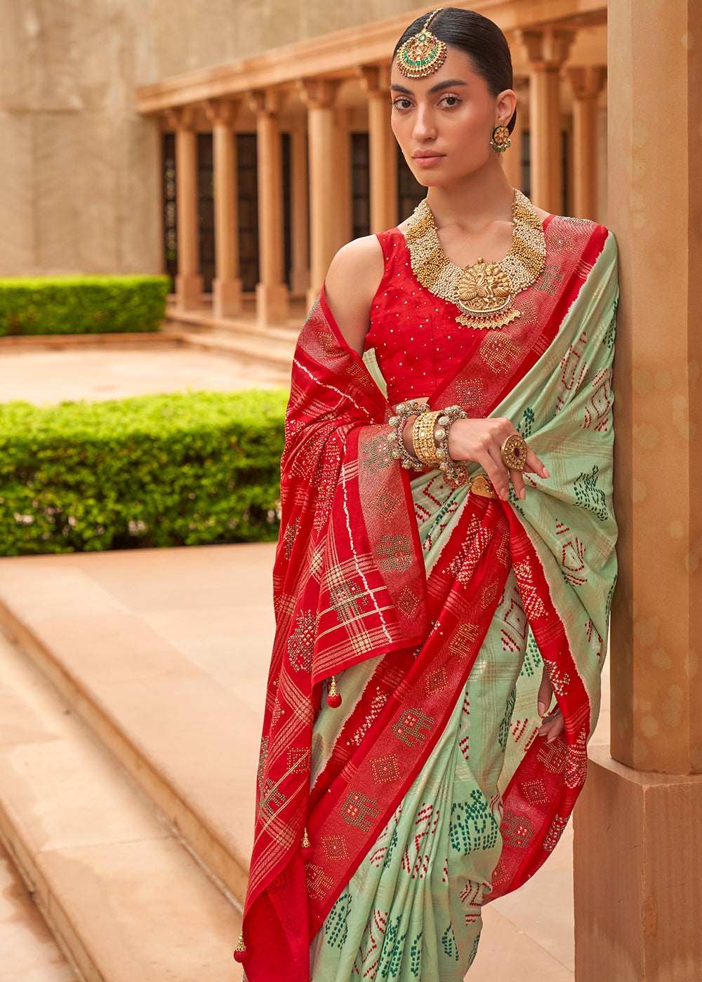 Green & Red Printed Patola Silk Saree with Swaroski Work