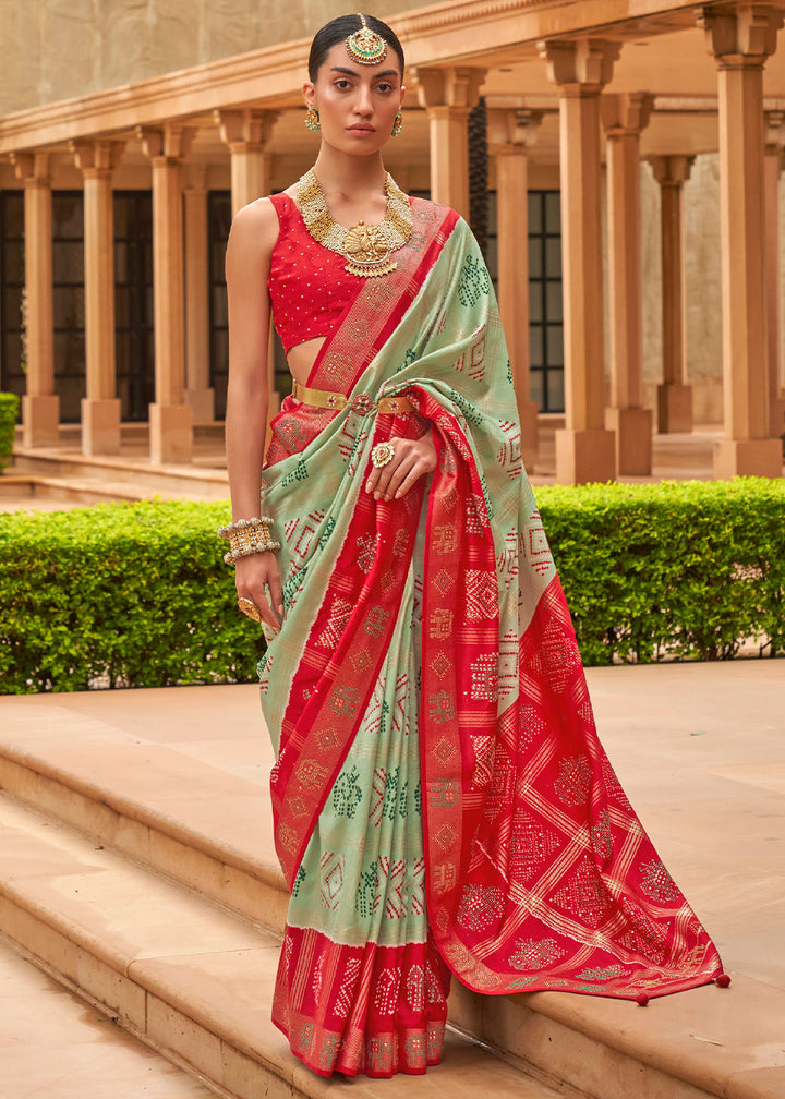 Green & Red Printed Patola Silk Saree with Swaroski Work