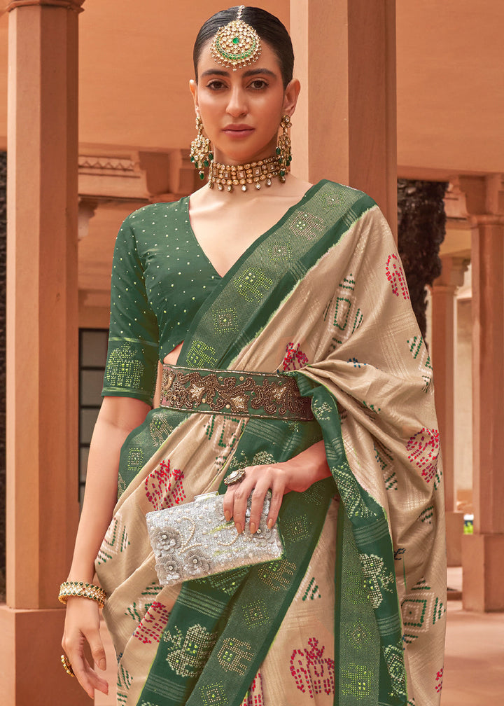 Light Brown & Green Printed Patola Silk Saree with Swaroski Work