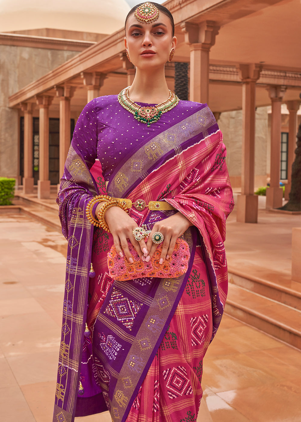 Pink & Purple Printed Patola Silk Saree with Swaroski Work