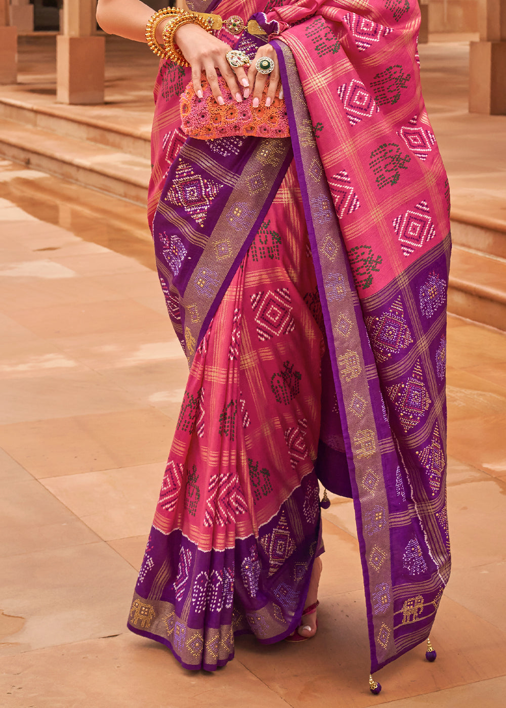 Pink & Purple Printed Patola Silk Saree with Swaroski Work
