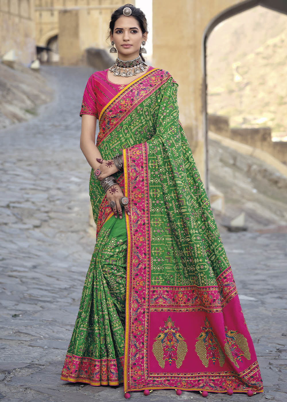 Forest Green Banarasi Silk Saree with Mirror, Diamond & Kachhi work