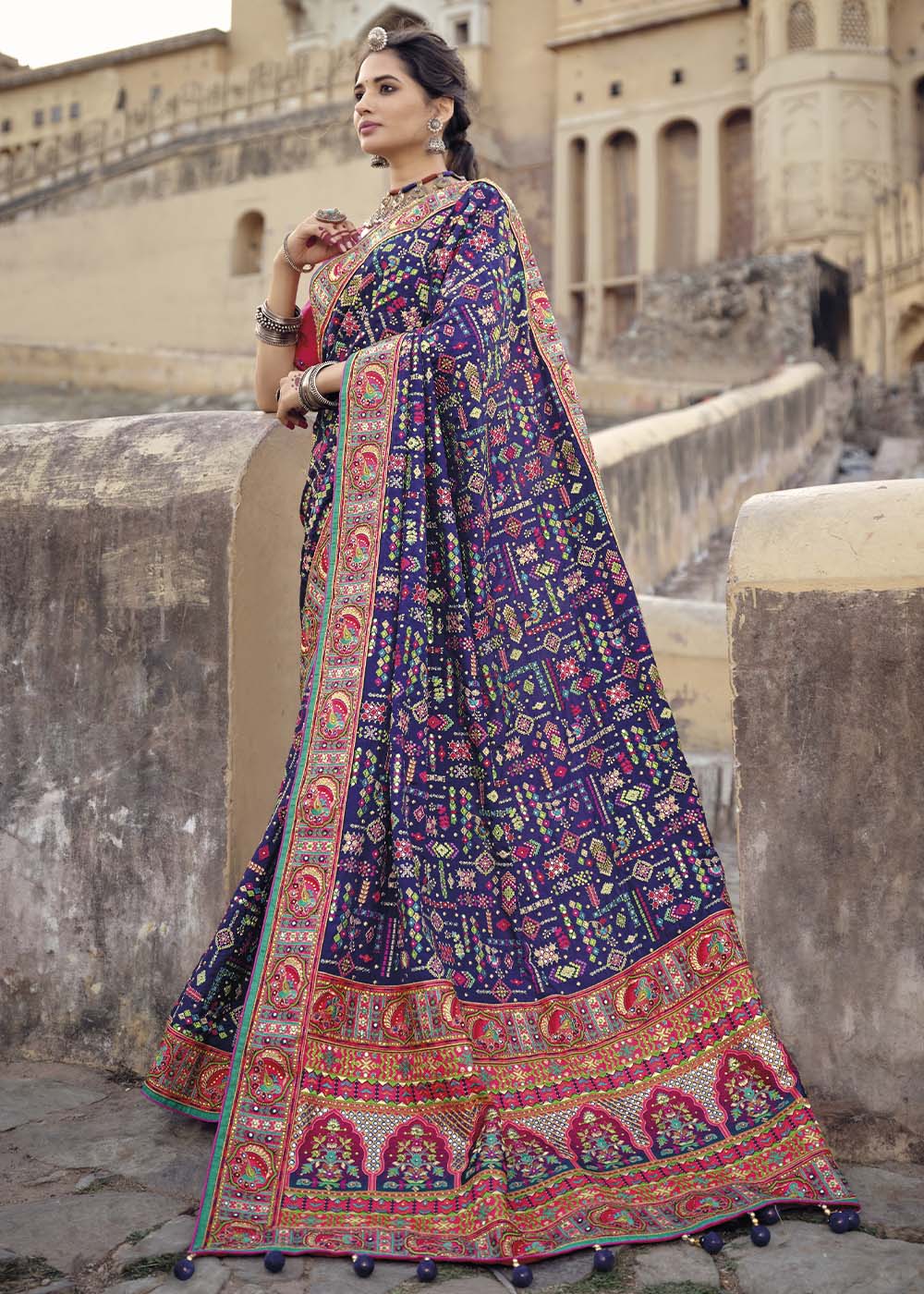 Indigo Purple Banarasi Silk Saree with Mirror, Diamond & Kachhi work