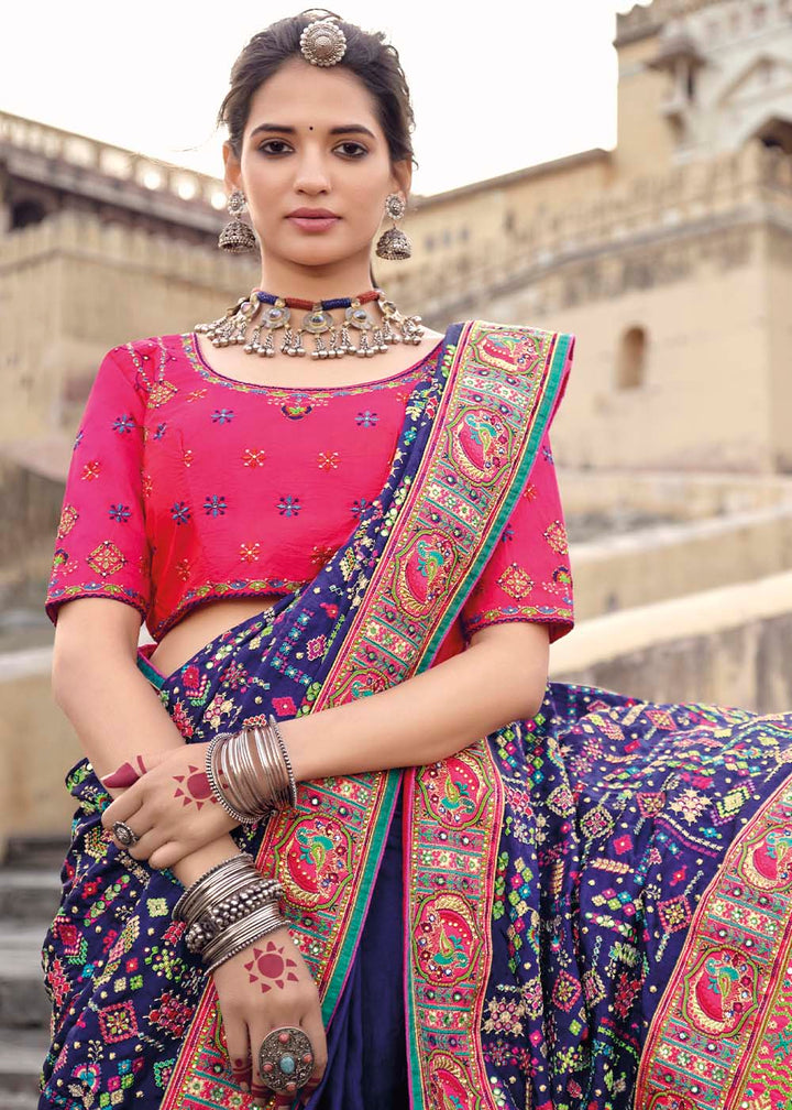 Indigo Purple Banarasi Silk Saree with Mirror, Diamond & Kachhi work