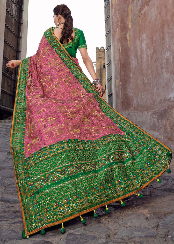 Kobi Pink Banarasi Silk Saree with Mirror, Diamond & Kachhi work