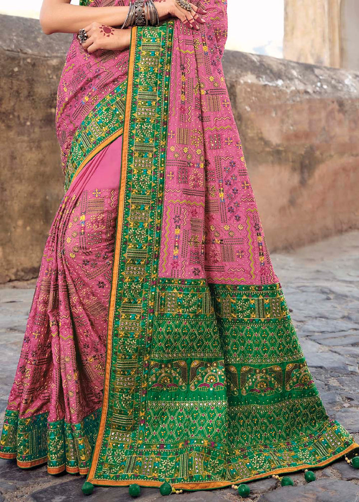 Kobi Pink Banarasi Silk Saree with Mirror, Diamond & Kachhi work