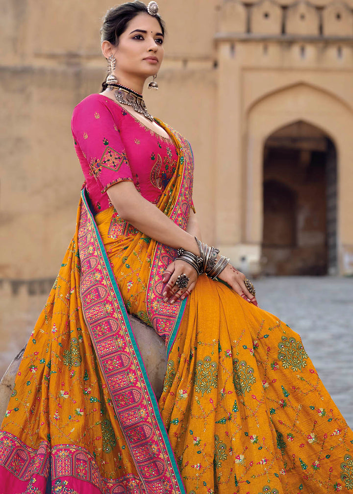 Saffron Yellow Banarasi Silk Saree with Mirror, Diamond & Kachhi work