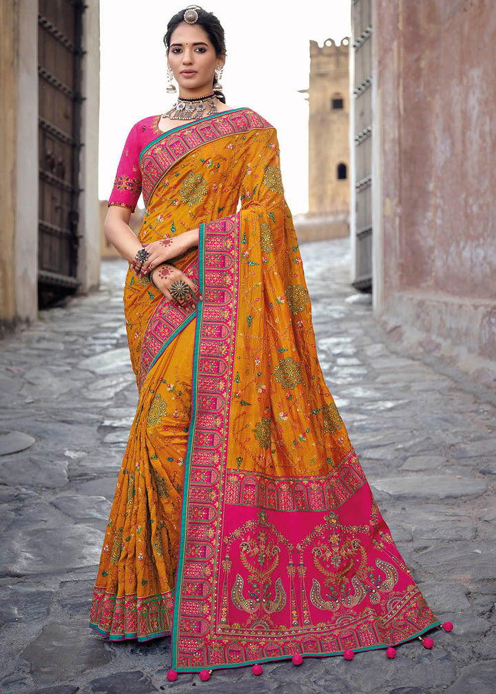 Saffron Yellow Banarasi Silk Saree with Mirror, Diamond & Kachhi work