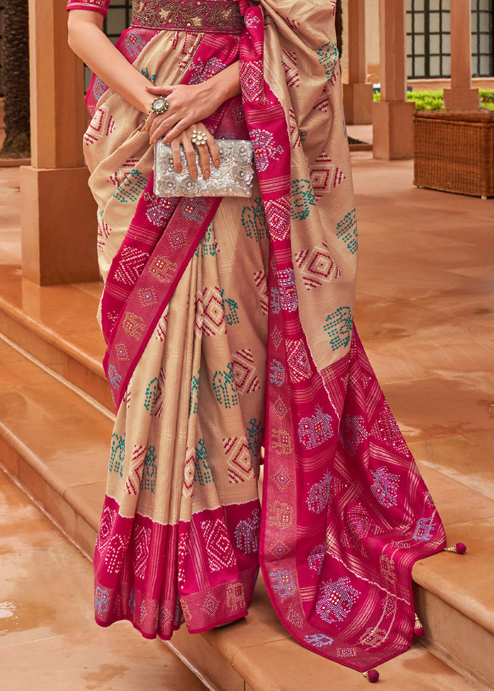 Light Brown & Pink Printed Patola Silk Saree with Swaroski Work