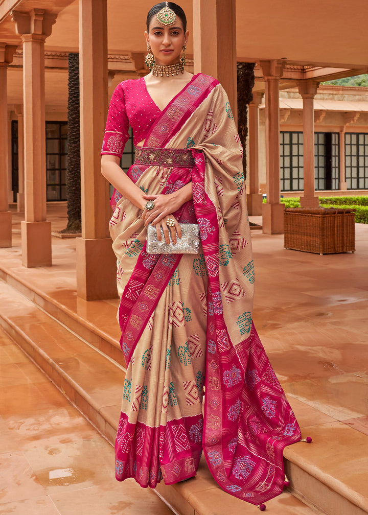 Light Brown & Pink Printed Patola Silk Saree with Swaroski Work