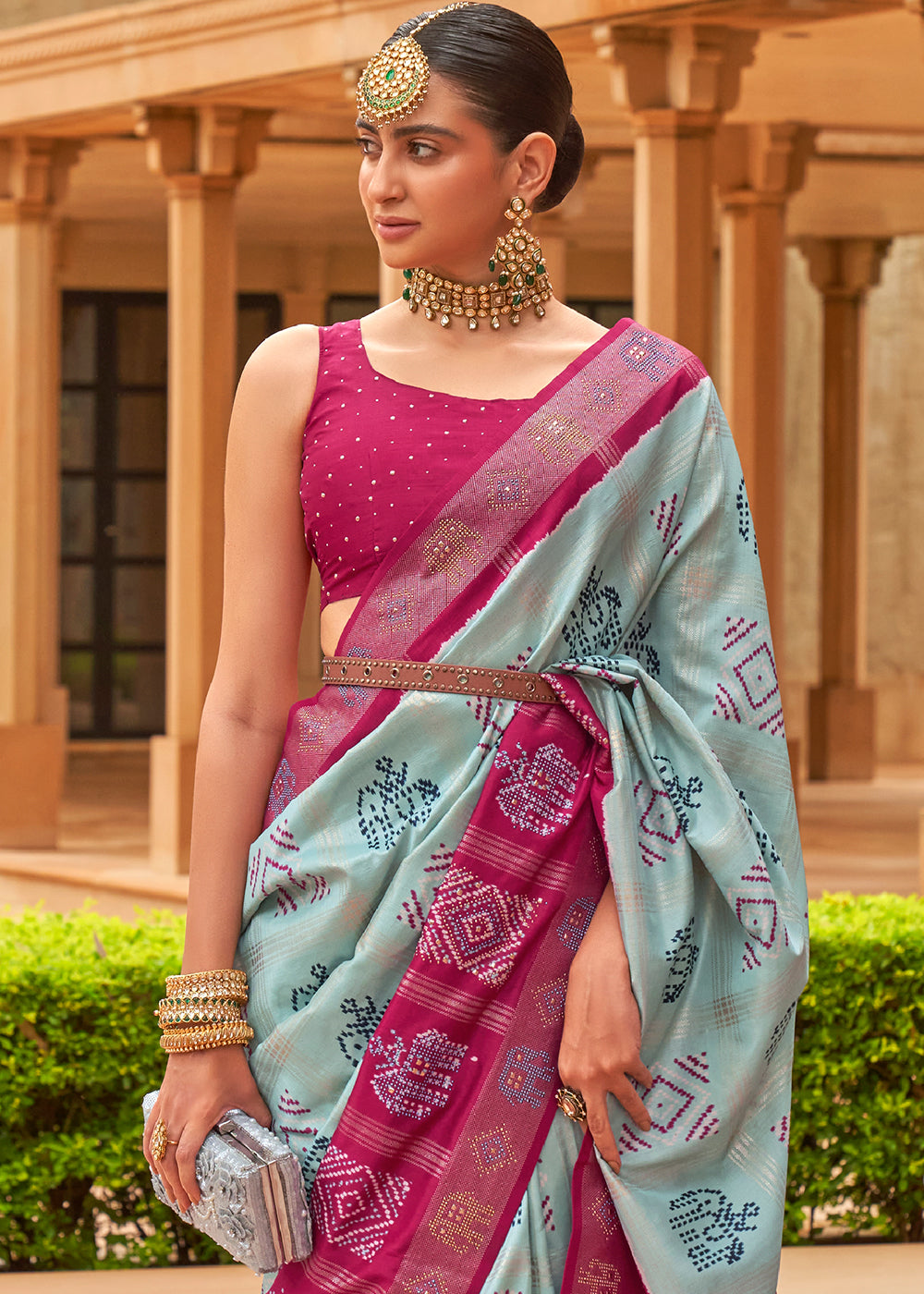 Blue & Pink Printed Patola Silk Saree with Swaroski Work