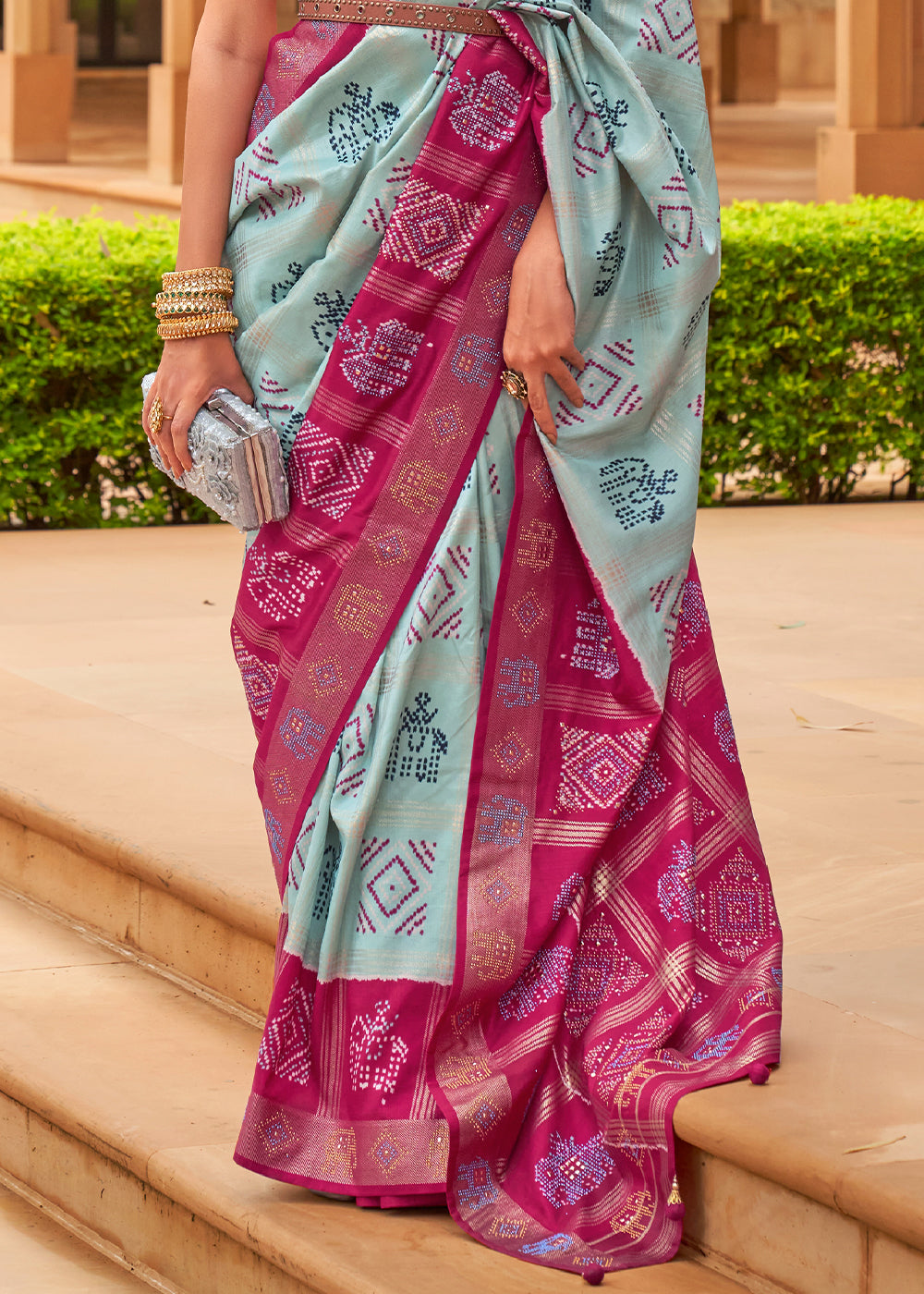 Blue & Pink Printed Patola Silk Saree with Swaroski Work