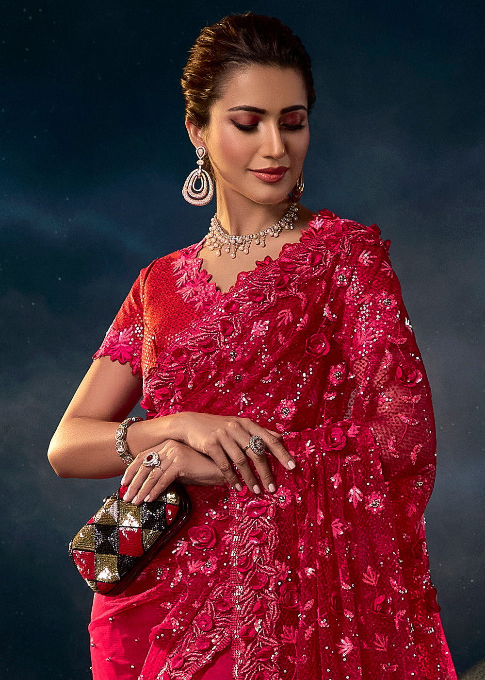 Ruby Red Digital Net Saree with Thread,Sequence, Zarkan, Moti & All Over Flower Applique work