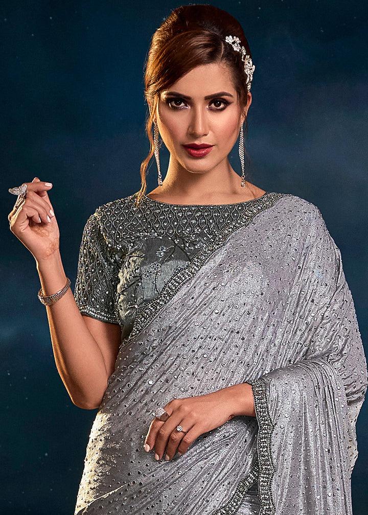 Iron Grey Designer Imported Fabric Saree with Cut Dana ,Moti, Zarkan & Crystal work