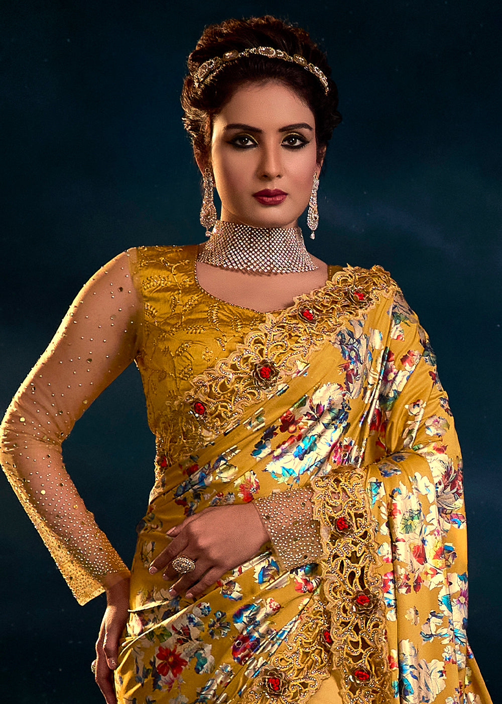 Mustard Yellow Designer Net Saree with Thread,Crystal,Mirror,Zarkan work & Imported Fabric Digital Print Pallu