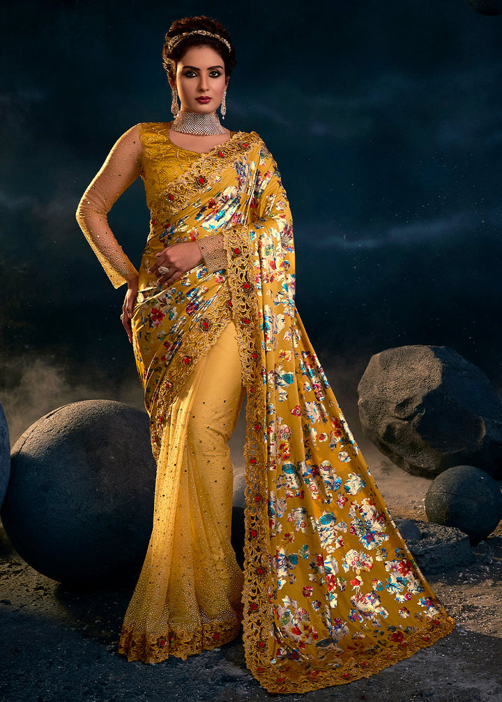 Mustard Yellow Designer Net Saree with Thread,Crystal,Mirror,Zarkan work & Imported Fabric Digital Print Pallu