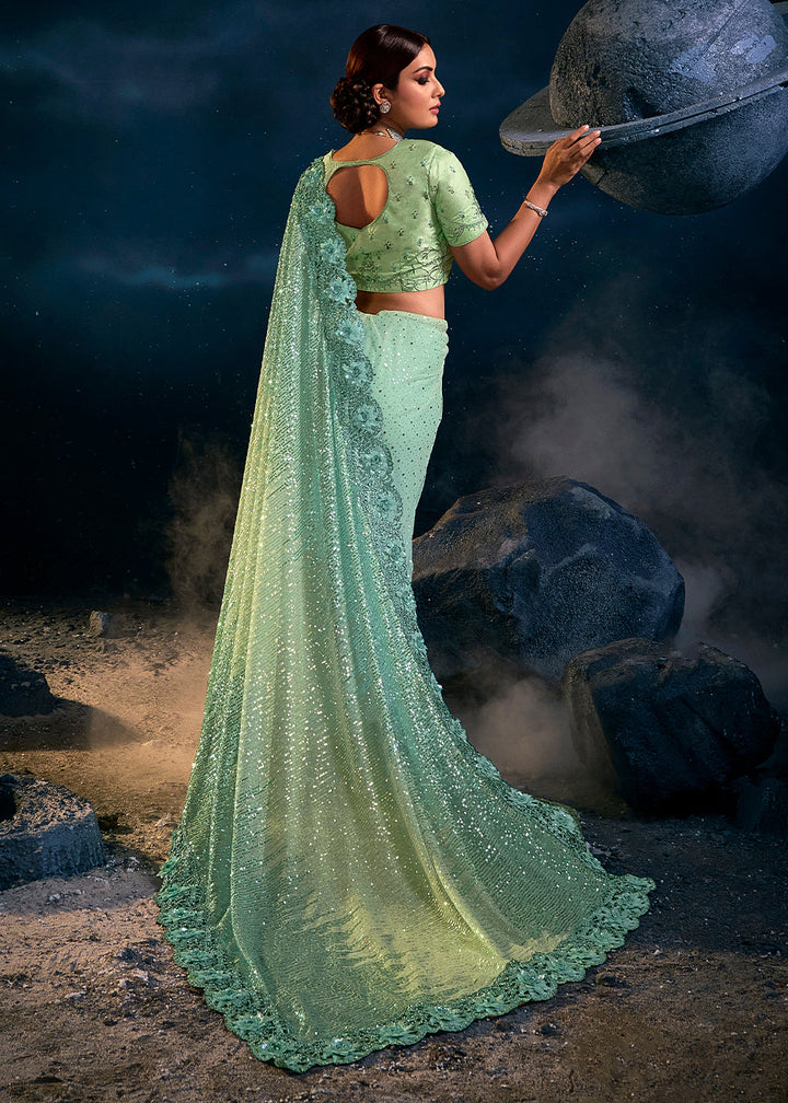 Sea Green Designer Imported Fabric Sequence Saree with Mirror, Zari, Diamond & Sequence Flower Applique work