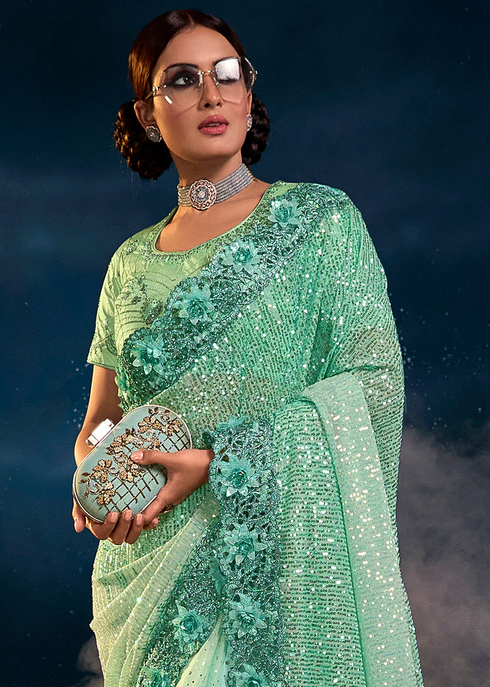 Sea Green Designer Imported Fabric Sequence Saree with Mirror, Zari, Diamond & Sequence Flower Applique work