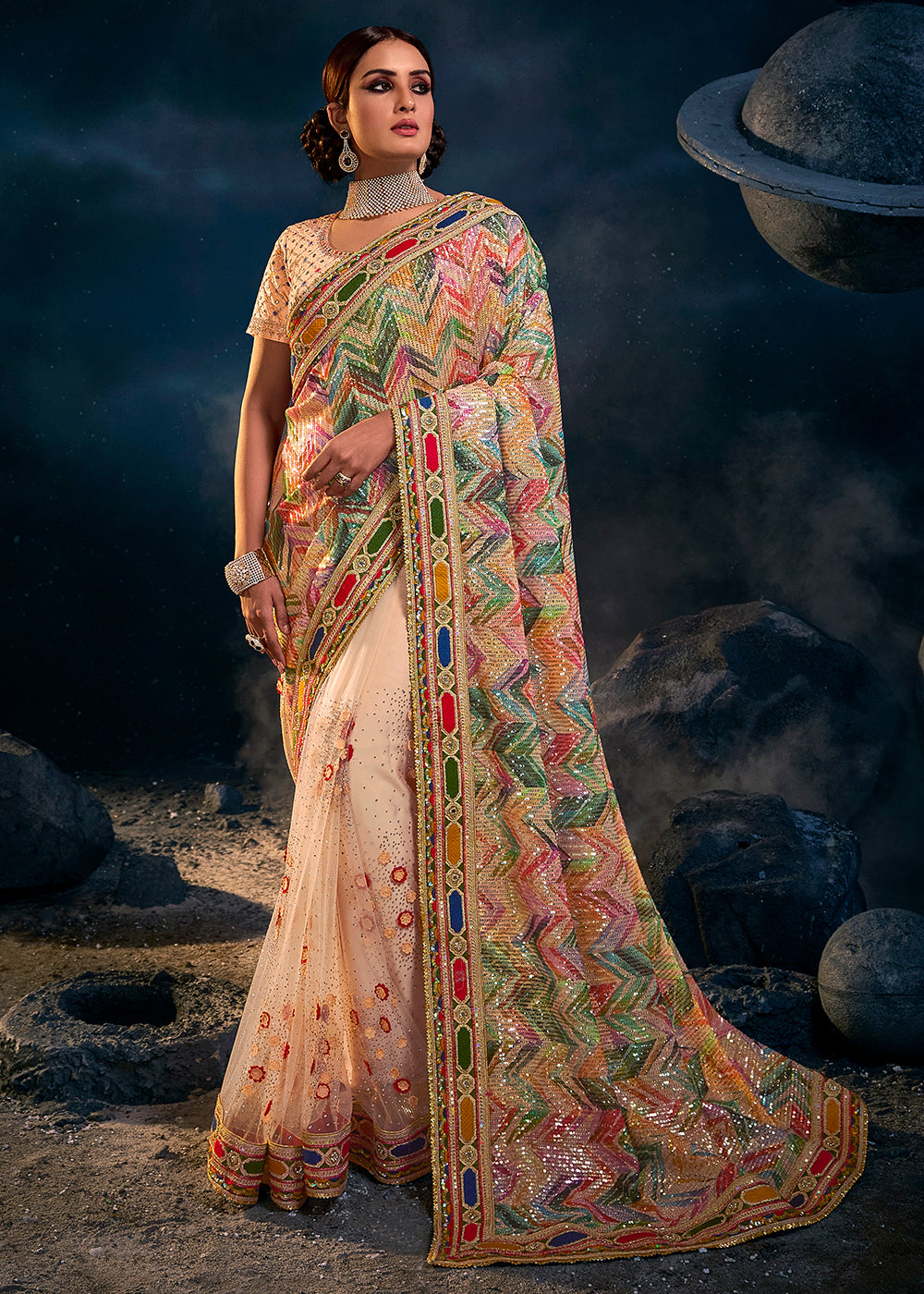 Light Peach Pink Designer Net Saree with Thread,Sequence,Crystal,Zarkan work & Imported Fabric Sequence Pallu