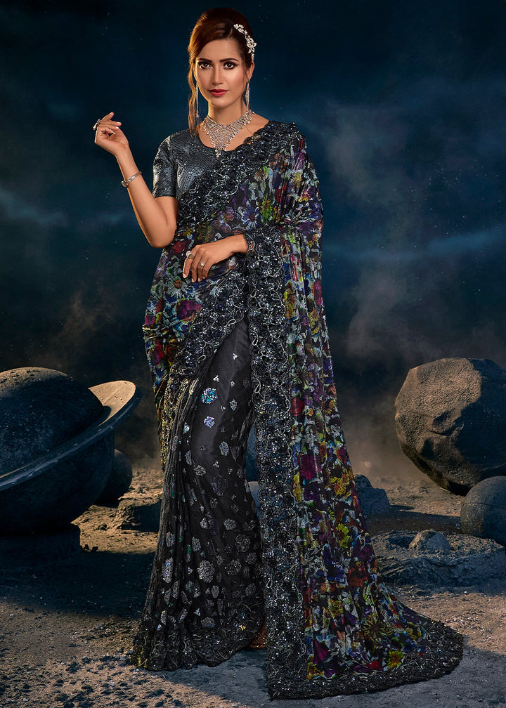 Ash Black Digital Net Saree with Thread,Sequence, Zari, Moti & All Over Flower Applique work & Imported Fabric Sequence Pallu