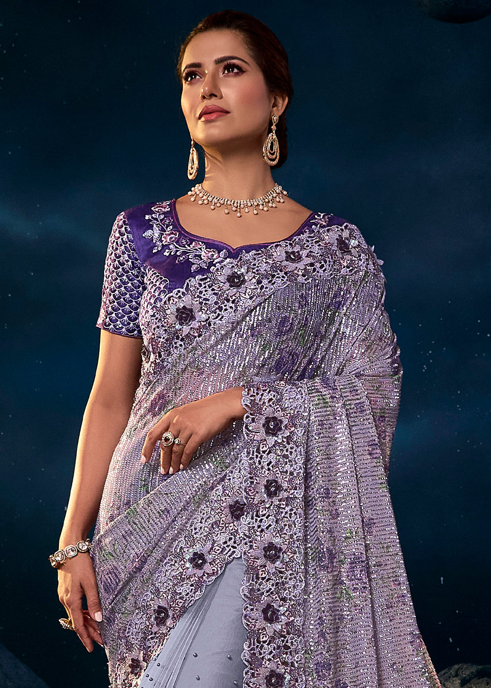 Indigo Purple Designer Net Saree with Thread,Sequence, Zari, Moti & All Over Flower Applique work & Imported Fabric Sequence Pallu