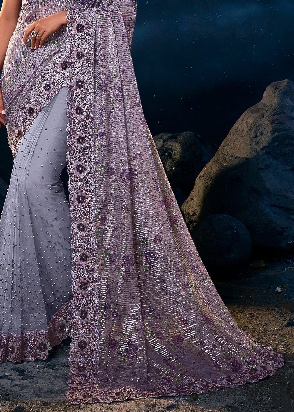 Indigo Purple Designer Net Saree with Thread,Sequence, Zari, Moti & All Over Flower Applique work & Imported Fabric Sequence Pallu