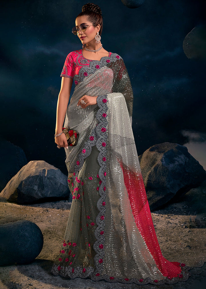 Shades Of Grey Designer Net Saree with Thread,Sequence, Zari, Moti & All Over Flower Applique work & Imported Fabric Sequence Pallu
