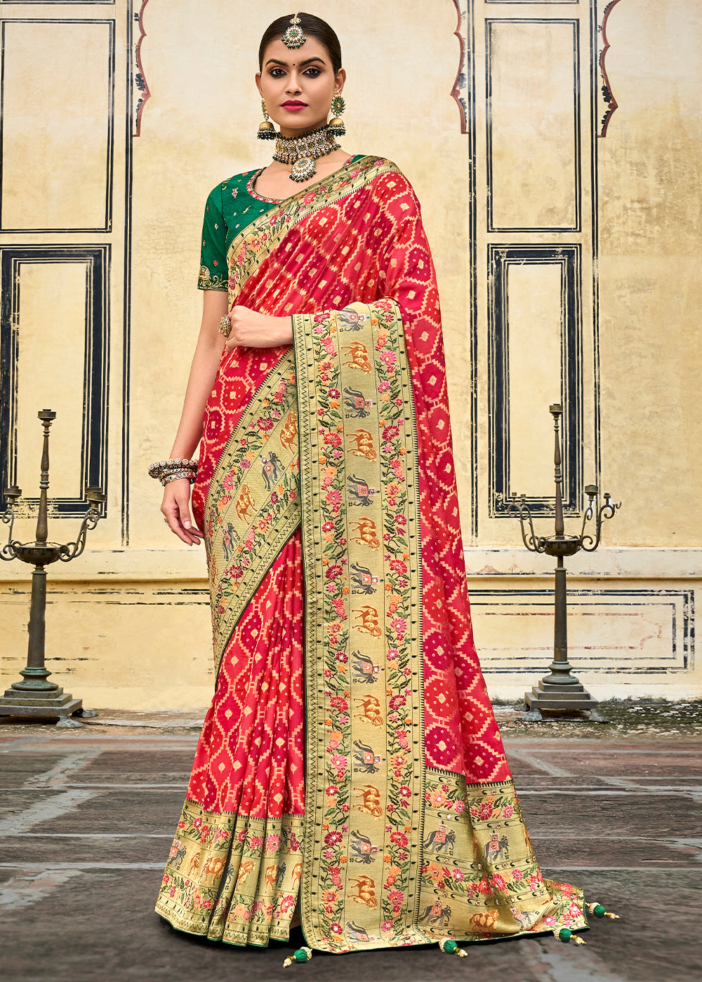 Shades Of Red Woven Patola Printed Dola Silk Saree with Heavy Embroidered Blouse