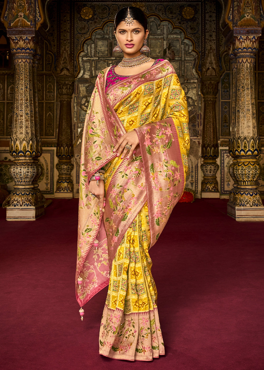 Cadmium Yellow Woven Patola Printed Dola Silk Saree with Heavy Embroidered Blouse