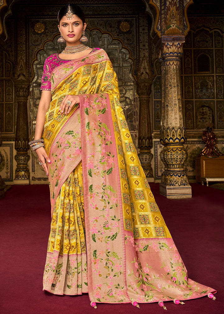 Cadmium Yellow Woven Patola Printed Dola Silk Saree with Heavy Embroidered Blouse