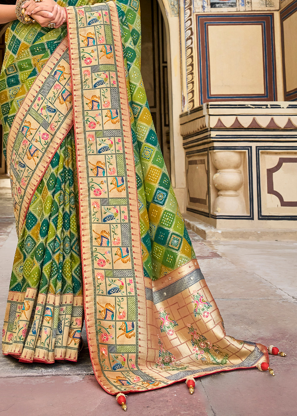 Shades Of Green Woven Patola Printed Dola Silk Saree with Heavy Embroidered Blouse