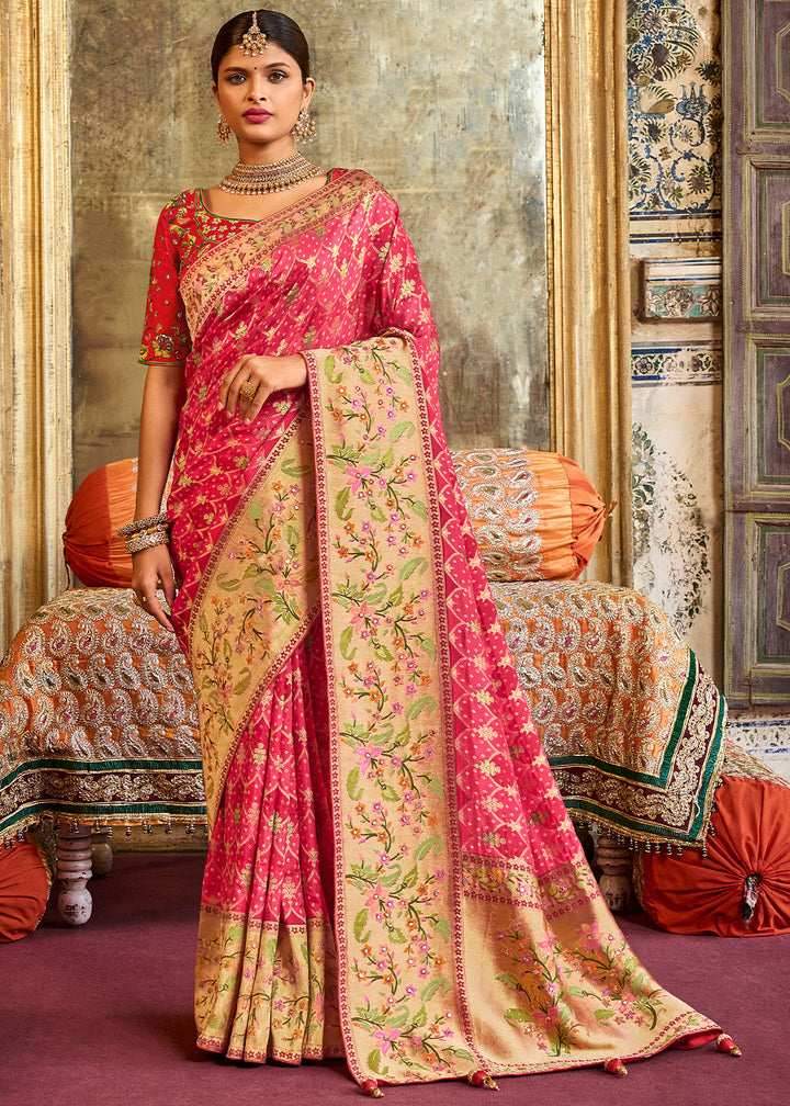 Brink Pink Woven Patola Printed Dola Silk Saree with Heavy Embroidered Blouse