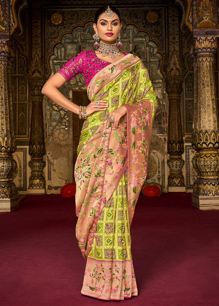 Chartreuse Green Woven Patola Printed Dola Silk Saree with Heavy Embroidered Blouse