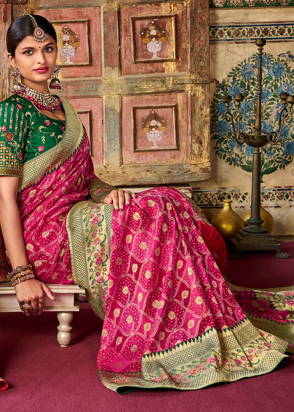 Hot Pink Woven Patola Printed Dola Silk Saree with Heavy Embroidered Blouse