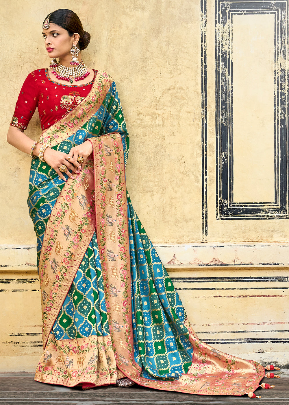 Blue & Green Woven Patola Printed Dola Silk Saree with Heavy Embroidered Blouse