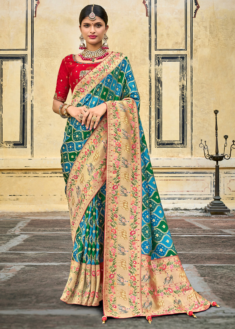 Blue & Green Woven Patola Printed Dola Silk Saree with Heavy Embroidered Blouse