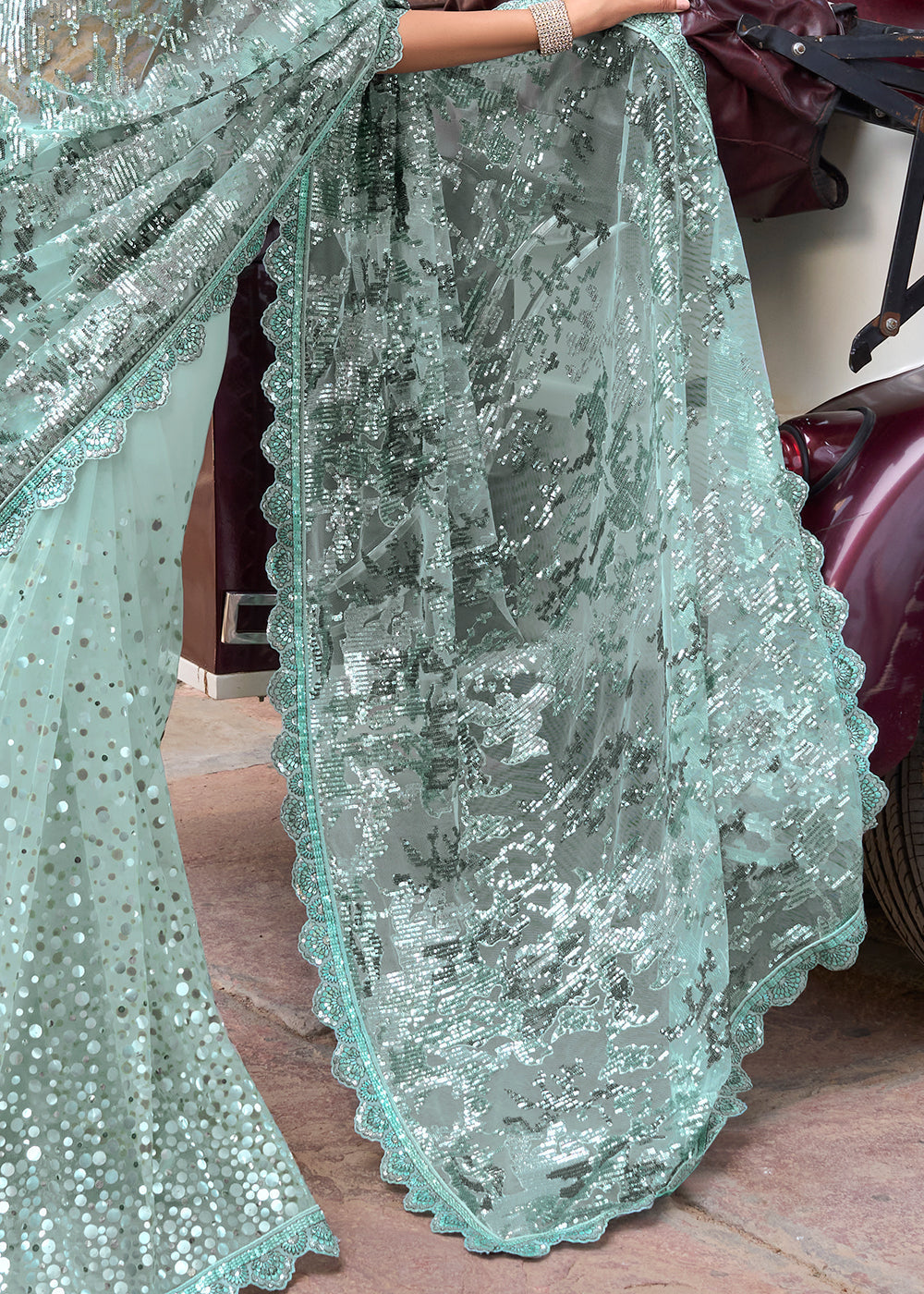 Light Sea Green Digital Net Saree with Sequins Pallu, Mirror & Foil work