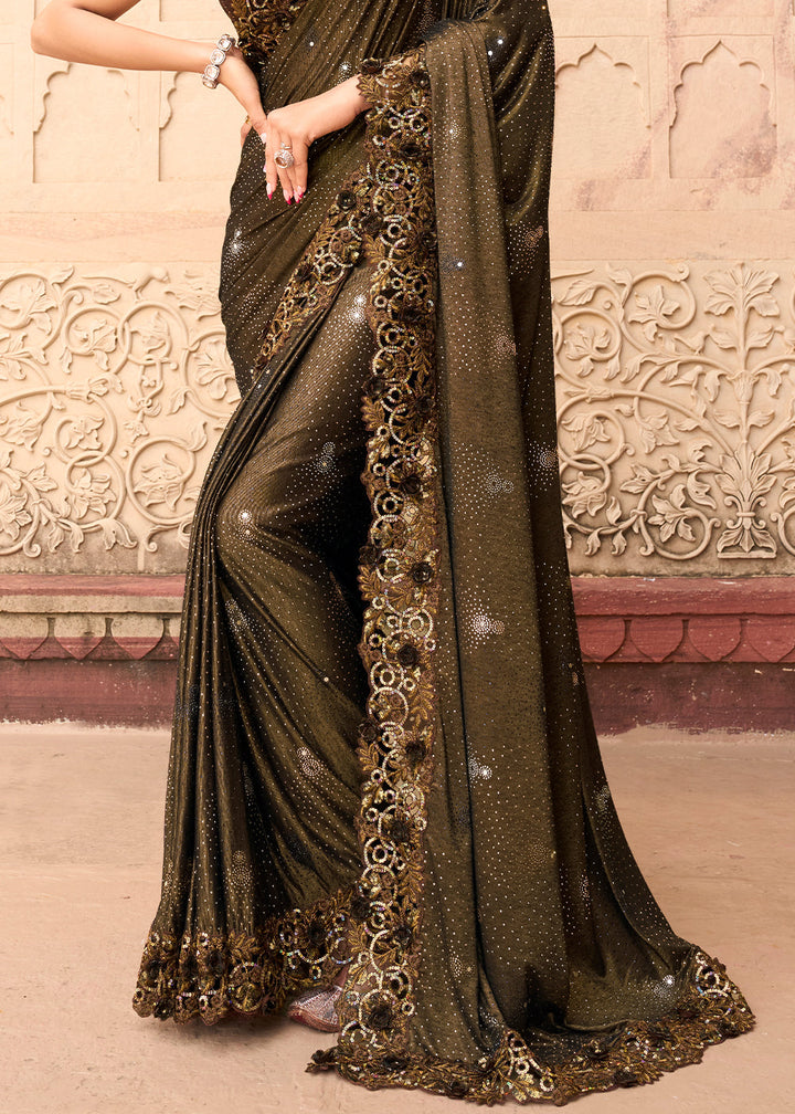 Chocolate Brown Imported Fabric Saree with Crystal, Mirror & Sequins Flower Applic work