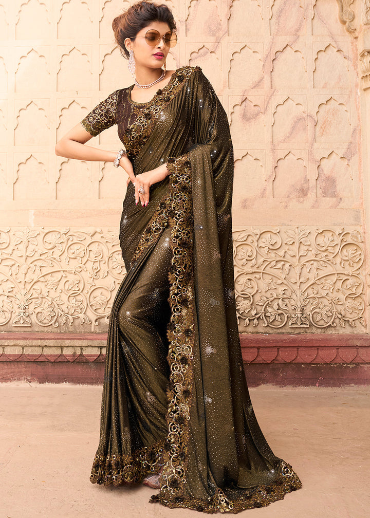 Chocolate Brown Imported Fabric Saree with Crystal, Mirror & Sequins Flower Applic work