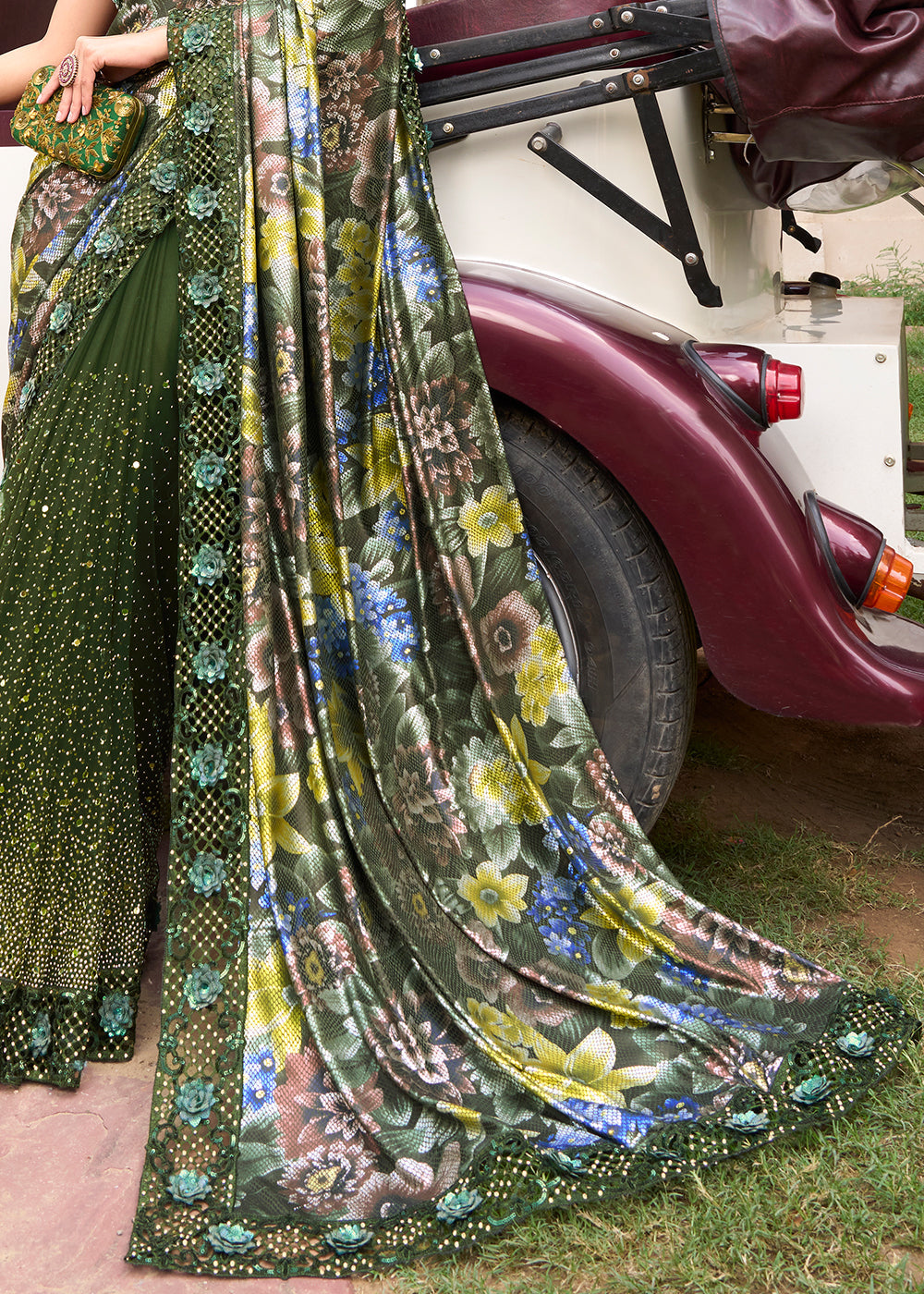 Mehendi Green Digital Net Saree with Crystal,Thread,Zarkan,Mirror & Sequence work