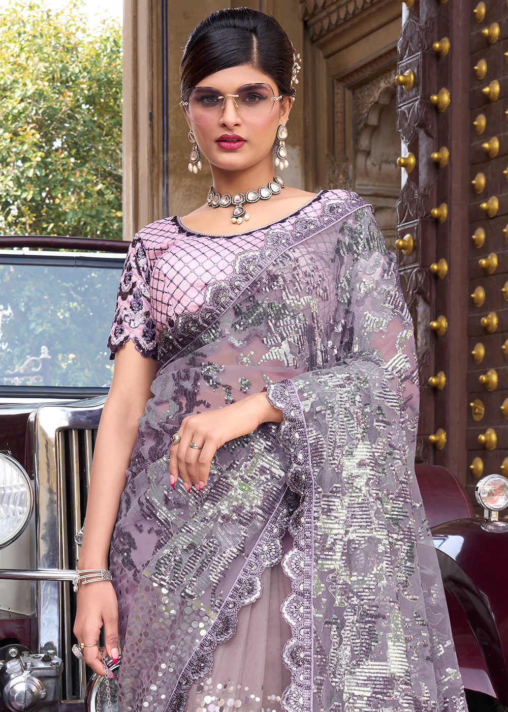 Periwinkle Purple Digital Net Saree with Mirror & Foil work and Sequence Pallu