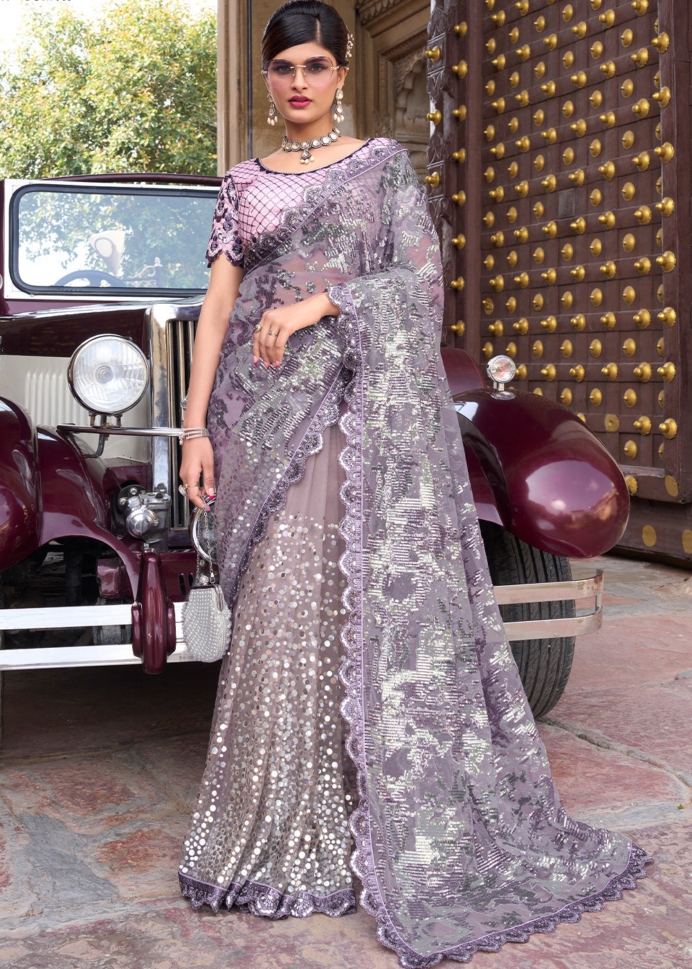 Periwinkle Purple Digital Net Saree with Mirror & Foil work and Sequence Pallu
