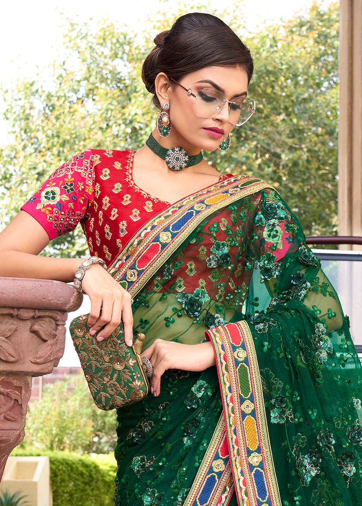 Bottle Green Digital Net Saree with Sequins,Thread,Mirror & Flower Applic work