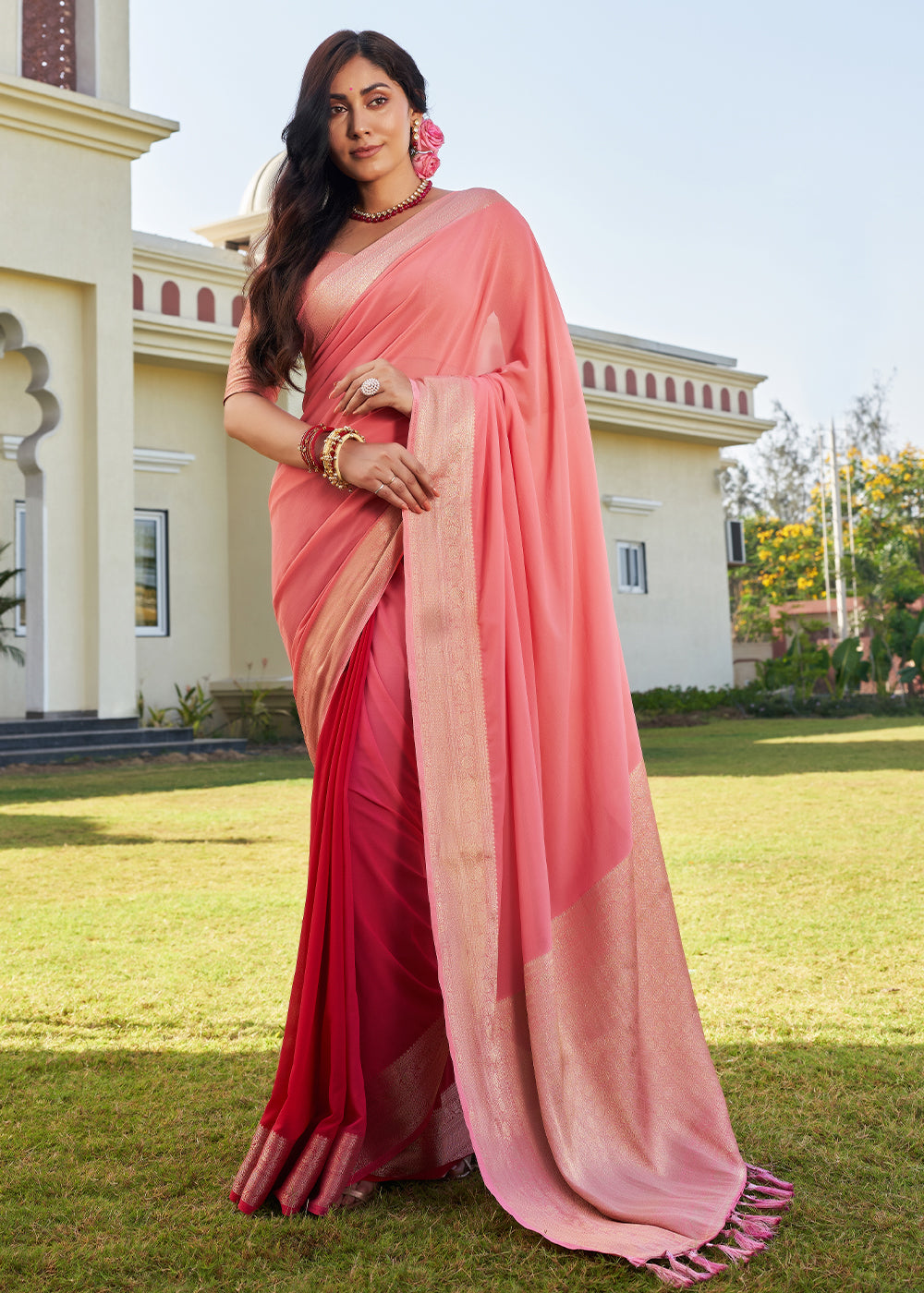 Mauvelous Pink Woven Georgette Saree