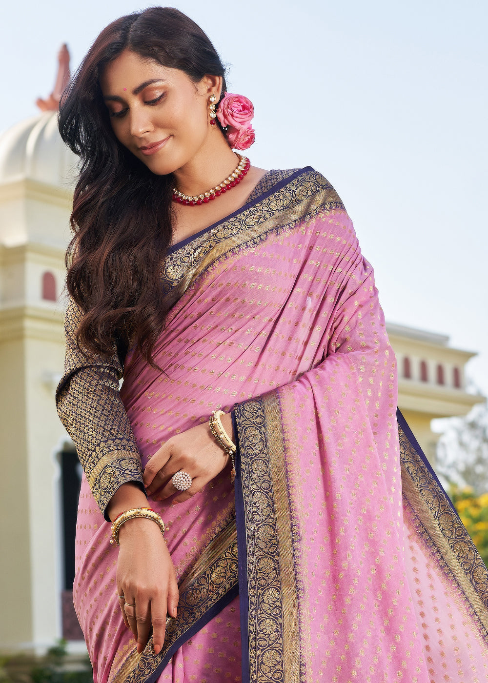 Neon Pink Zari Woven Georgette Saree with Contrast Blouse & Pallu
