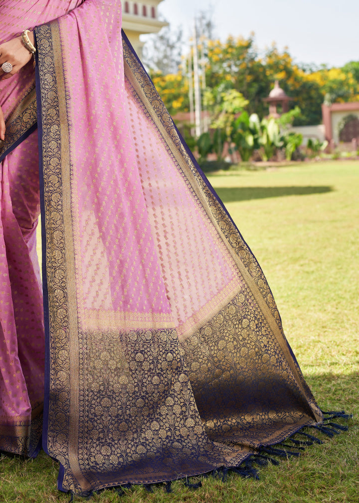 Neon Pink Zari Woven Georgette Saree with Contrast Blouse & Pallu