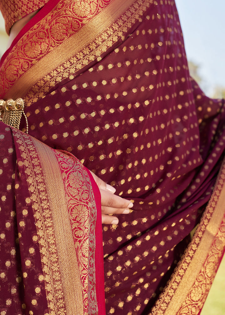 Sangria Purple Zari Woven Georgette Saree with Contrast Blouse & Pallu
