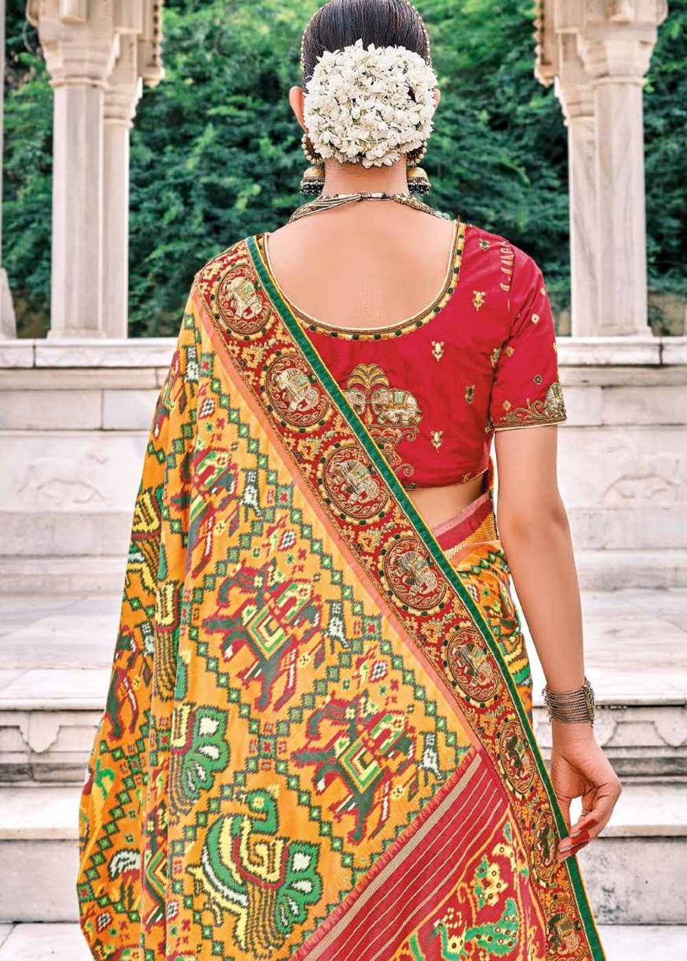 Honey Yellow Patan Patola Silk Saree with Embroidered Blouse
