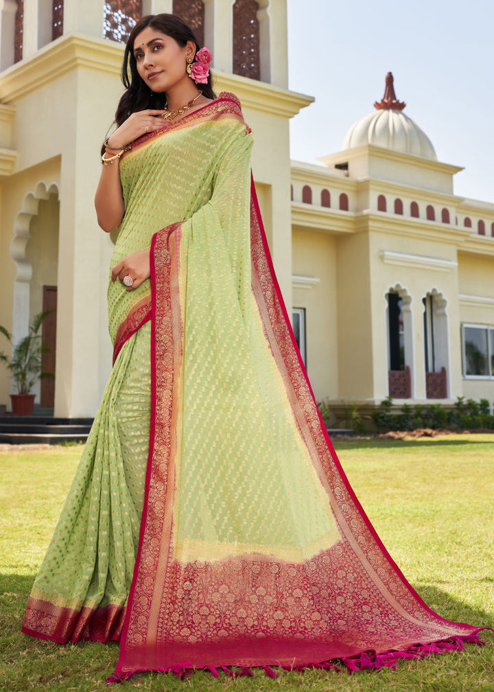 Light Green Zari Woven Georgette Saree with Contrast Blouse & Pallu